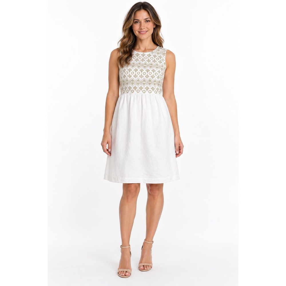 J Jill LOVE LINEN Sleeveless Shift Dress 10 100% Linen White Embroidered Lined